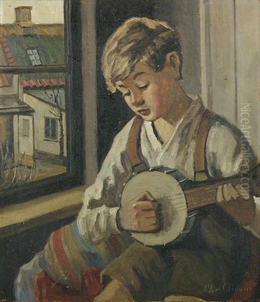 Interior with a boy playing the banjo. Oil Painting by Christian Aigens