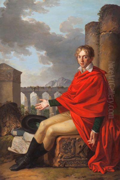 Portrait du comte Nicolas Myelzinski en manteau de voyageur, assis sur les ruines d'Athenes, designees par la tour des Vents. Oil Painting by Jean-Jacques-Francois Le Barbier