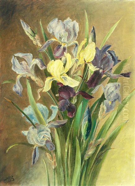 Gule og lilla irisblomster. Oil Painting by Alfrida Baadsgaard