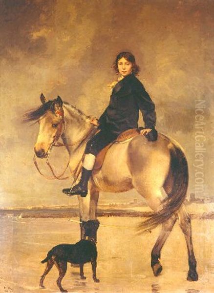 Portrait de Gaetan de Somzee a cheval Oil Painting by Emile Wauters