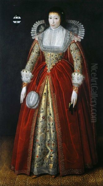 Portrait of a lady, said to be Lady Style, full-length, in a red dress with elaborately embroidered under-skirt and lace collar and cuffs, holding a prayer book in her left hand, in an interior Oil Painting by Robert Peake the Elder