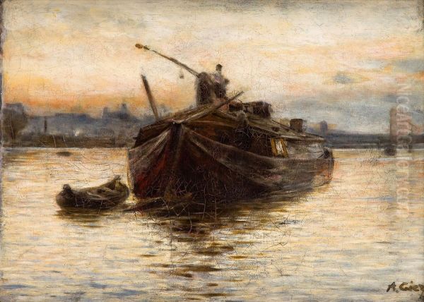 From the Vistula Bank (A Barge on the river) Oil Painting by Aleksander Gierymski