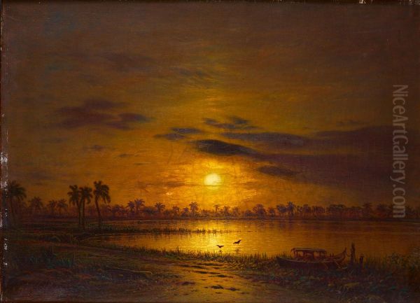 Sunset over a river Oil Painting by Eduard Hildebrandt