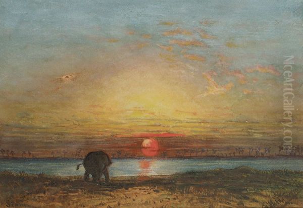 Ein Elefant bei Sonnenuntergang, Thailand Oil Painting by Eduard Hildebrandt