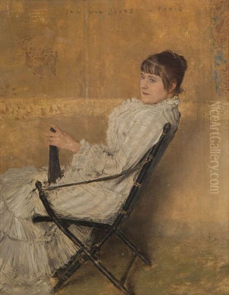 Lady with fan in Chinese chair Oil Painting by Jan van Beers