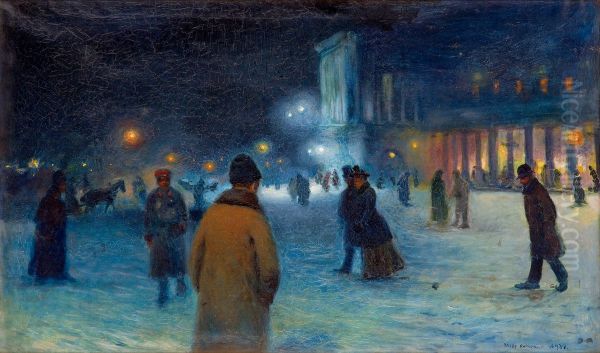 Evening on the Theatre Square in Warsaw Oil Painting by Jozef Rapacki