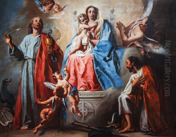 The Madonna and Child with Saints Roch and John the Evangelist Oil Painting by Giuseppe Angeli