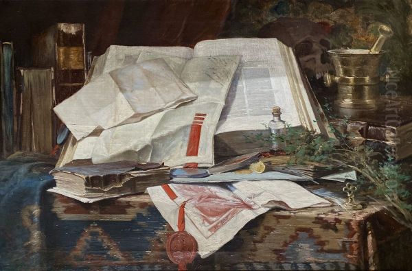 Still Life with Books Oil Painting by Fernand Adriaenssens