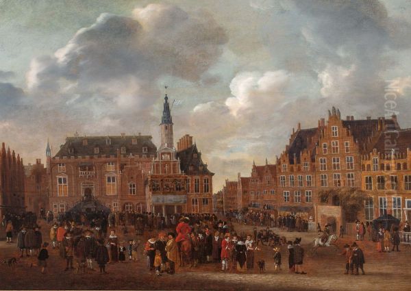 The Announcement of the Peace Treaty of Munster in 1648 from the balcony of the Town Hall of Haarlem Oil Painting by Gillis Rombouts