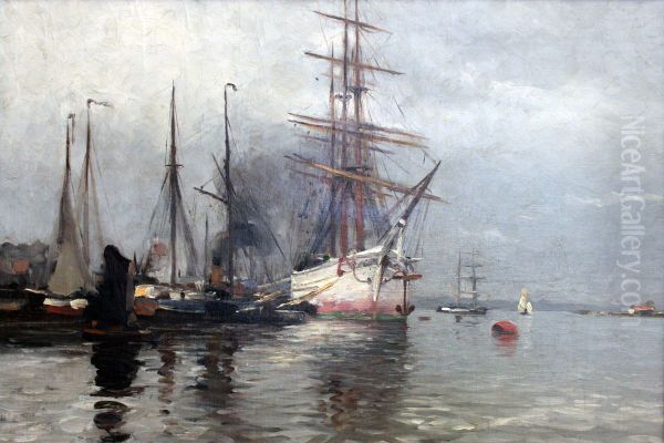 Sailboat in Flensburg Harbour Oil Painting by Heinrich Petersen-Angeln