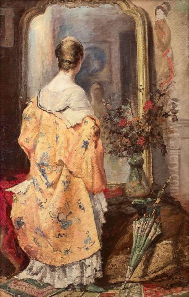 Young woman before a mirror Oil Painting by Emile Baes