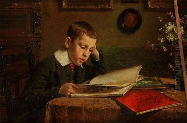 Boy reading in an interior Oil Painting by Charles Van Havermaet