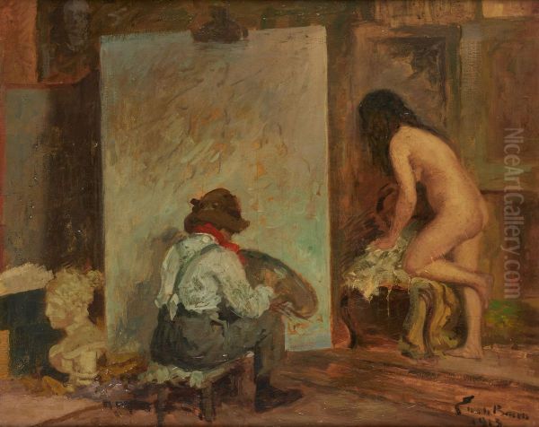 The artist and his model in the studio Oil Painting by Emile Baes