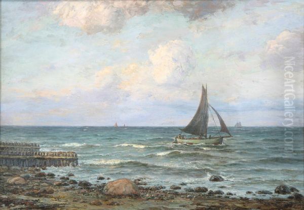 Kystparti med fiskerbade for sejl. Oil Painting by C. F. Ahl