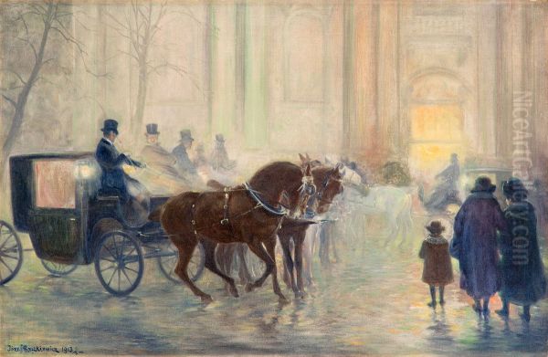 In front of the church of Wizytki in Warsaw Oil Painting by Jozef Ryszkiewicz