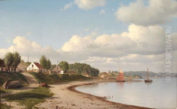 View of the fishing village Humlebaek with Egebaeksvang in the distance, calm afternoon. Oil Painting by Carl Baagoe