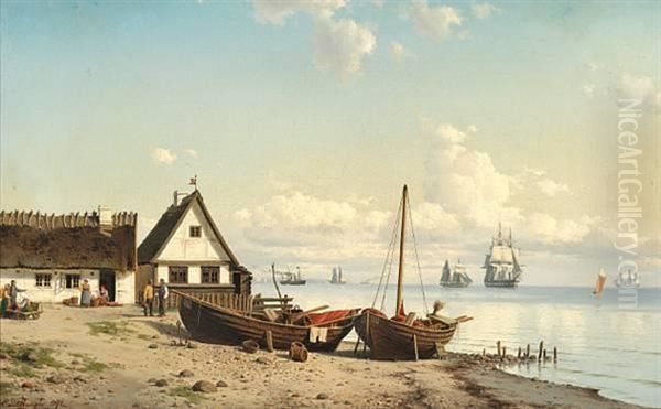 Sommerdag ved et fiskerleje ved Oresund. Oil Painting by Carl Baagoe