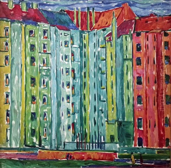 Green Back buildings Oil Painting by Walter Ophey