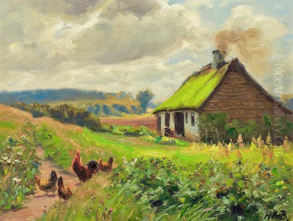 Springtime with a house, a woman and some chicken. Oil Painting by H. A. Brendekilde