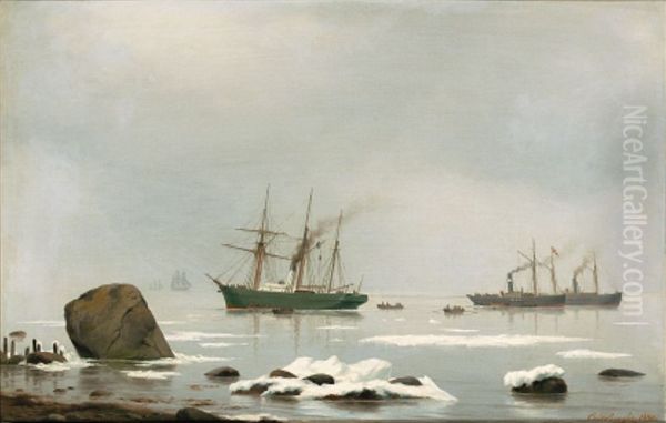 Steamships in the Sound on a Winter day. Oil Painting by Carl Baagoe