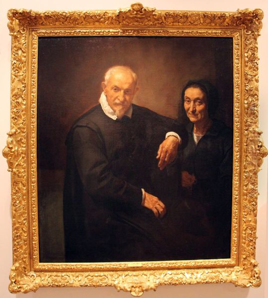 double portrait of gentleman and lady with rosary Oil Painting by Simone Cantarini