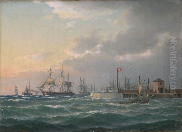 Numerous sailing ships on the roads of Helsingor. Oil Painting by Carl Baagoe