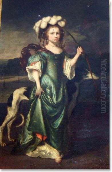 Portrait of a Comely Girl as Diana Holding a Bow Standing with a Whippet Oil Painting by Caspar Netscher