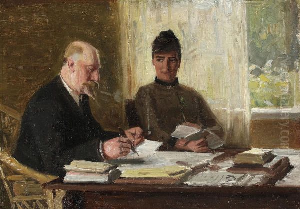 The writer couple Erik and Amalie Skram by the desk. Study. Oil Painting by Georg Achen