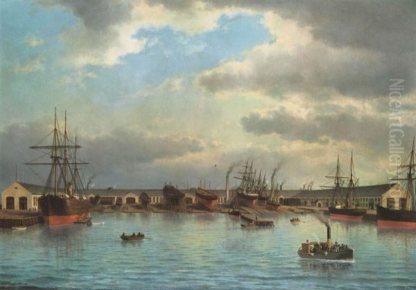 Burmeister & Wains skibsvaerft pa Refshaleoen, Kobenhavn. Oil Painting by Carl Baagoe