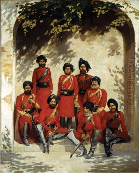 Native Officers of 2nd Punjab Cavalry (now 12th Cavalry (FF), Pakistan Army) Oil Painting by unknown