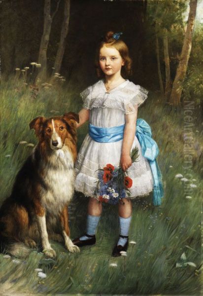 Portrait of a little girl with a dog Oil Painting by Eugene Siberdt