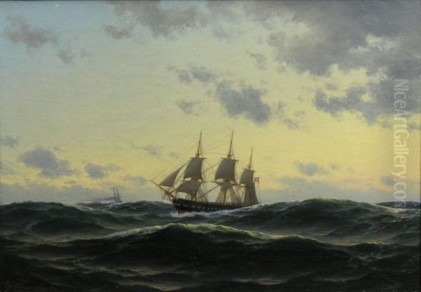 Marine med skibe pa havet henunder aften. Oil Painting by Carl Baagoe