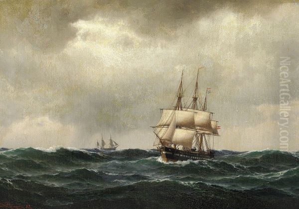 Sailing ships at sea in overcast weather. Oil Painting by Carl Baagoe