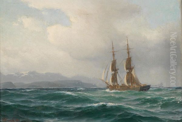 Seascape with a brig heading for a coast. Oil Painting by Unidentified location