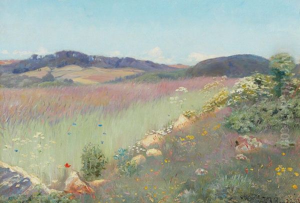 A view over a Danish summer landscape with flowers. Oil Painting by H. A. Brendekilde