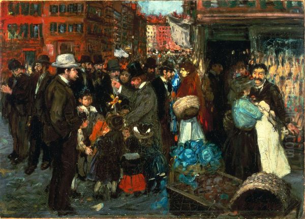 Street Scene (Hester Street) Oil Painting by George Luks