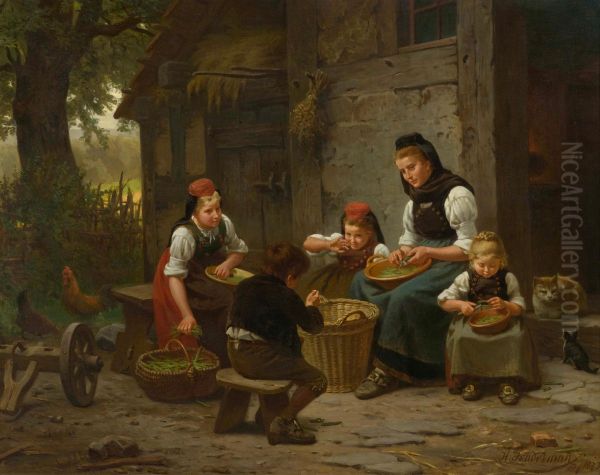 Mother and children in front of a house Oil Painting by Hermann Sondermann