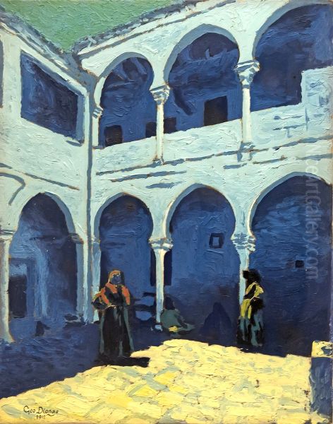 Courtyard of a Moroccan riad Oil Painting by Georges Gaudion