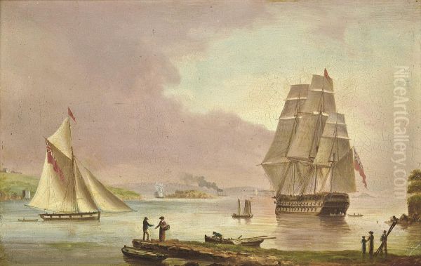 A '74', traditionally thought to be H.M.S. Implacable, off Mount Edgcumbe, in Plymouth Sound Oil Painting by Thomas Luny