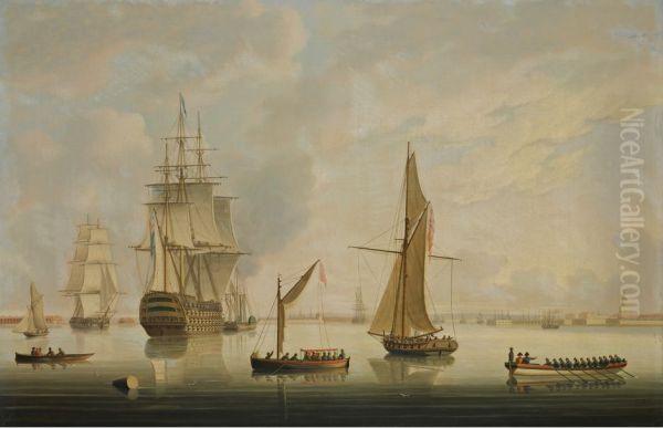 A British Man-of-War being Towed into Portmouth Harbour by a Steam Tug Oil Painting by Thomas Buttersworth