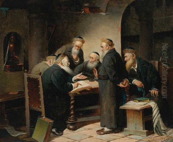 A Discussion of the Talmud. Oil Painting by Carl Schleicher