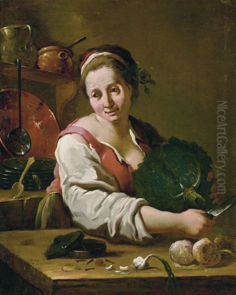 A cook in a kitchen Oil Painting by Pietro Domenico Olivero