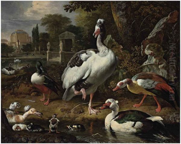 A grey and white crested goose, a shoveler, a Muscovy duck, goslings, ducklings and other fowl in a park, elegant buildings beyond Oil Painting by Melchior D'Hondecoeter