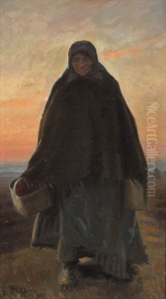 Glade Elsie pa vej hjem over heden i gyldent aftenlys. Oil Painting by Michael Peter Ancher