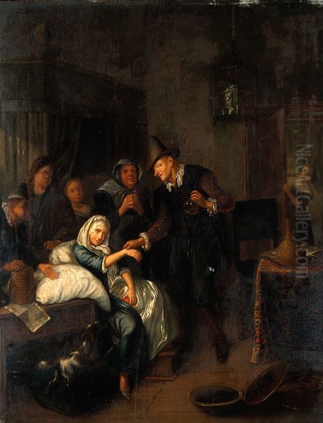 A medical practitioner taking a girl's pulse and holding a flask of her urine, with four other figures on the left and a maid opening a door on the right. Oil Painting by Richard Brakenburgh