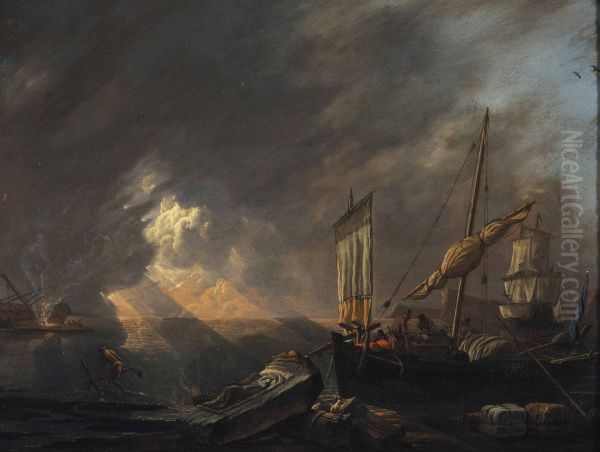 A Mediterranean coast at dawn with a galliot preparing to unload its cargo, a frigate being caulked beyond Oil Painting by Lieve Verschuier