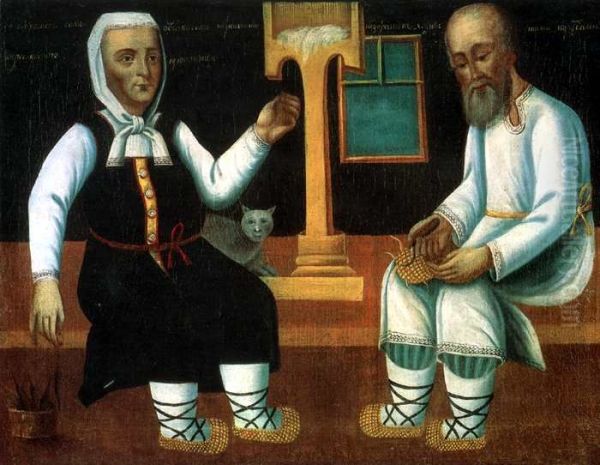 A Muzhik Botching the Bast Shoes, an Old Woman Spinning Thread Oil Painting by unknown