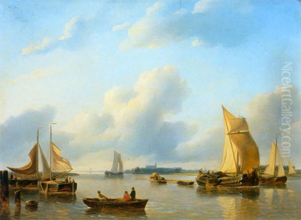 A river landscape with sailing vessels Oil Painting by Petrus Johannes Schotel