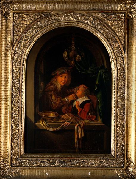 A man using a dental probe on a girl's mouth. Oil Painting by Gerrit Dou