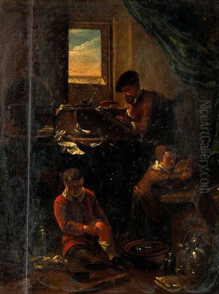 A philosopher in his study, with two children. Oil Painting by unknown